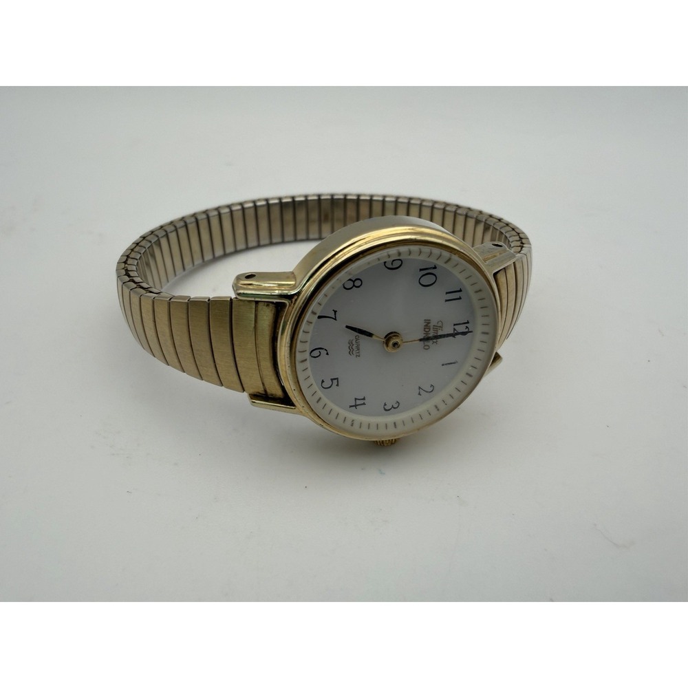 90s Timex Indiglo Ladies Gold Tone Quartz Watch Expansion Bracelet White Dial